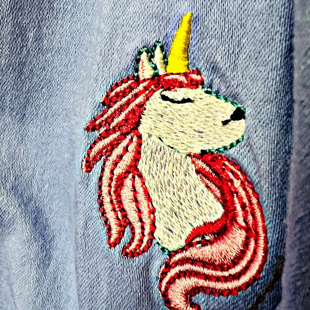 Unique Vintage Periwinkle Denim Mini Dress Embroidered Unicorn Overalls Size 3X - Picture 10 of 11
